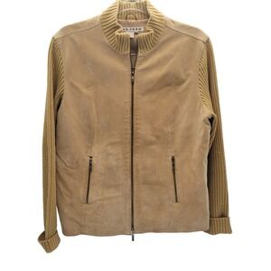 Vintage A.M.I. Camel Suede Leather Jacket | Knit Sleeves‎ & Collar Womens Sz LHO